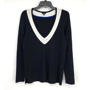 Talbots Sweater Black Varsity Stripe V Neck Pullover Long Sleeve